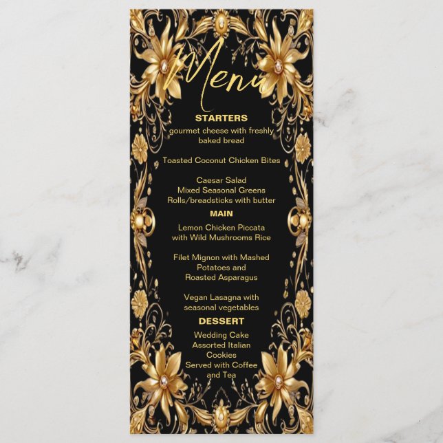 Golden Floral Wedding Menu Menükarte (Vorderseite)