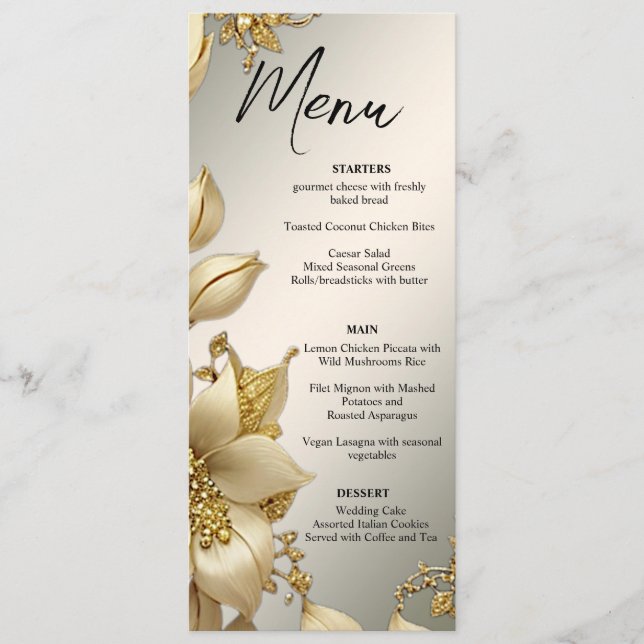 Golden Floral Wedding Menu Menükarte (Vorderseite)