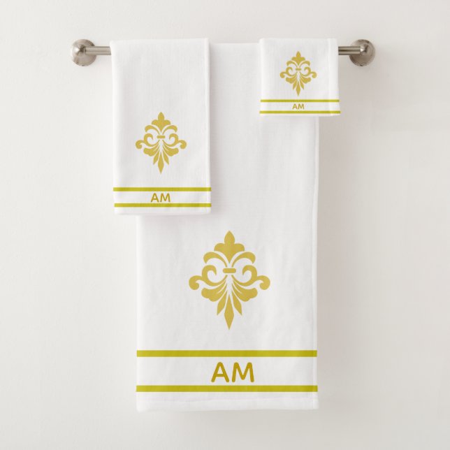 Golden Flower, Monogram and Stripes on White Badhandtuch Set (Insitu)