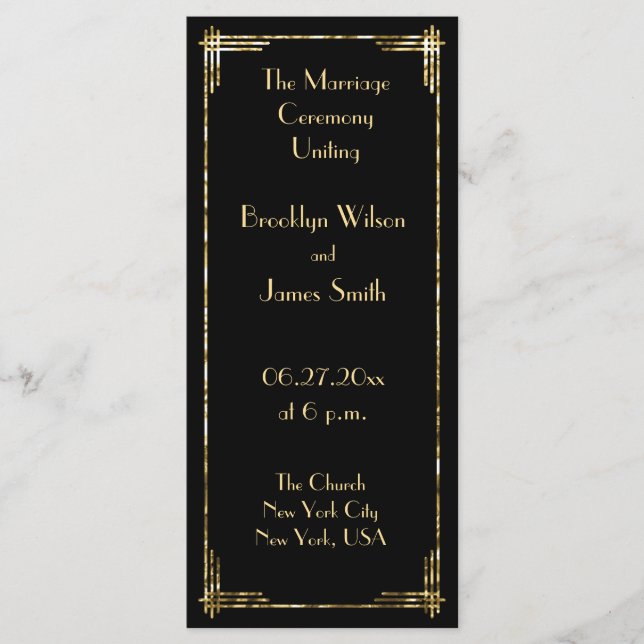Golden Foil Great Gatsby Art Deco Hochzeitsprogram Programm (Vorderseite)