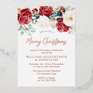 Golden Foil Red White Floral Frohe Weihnachten Par Folieneinladung