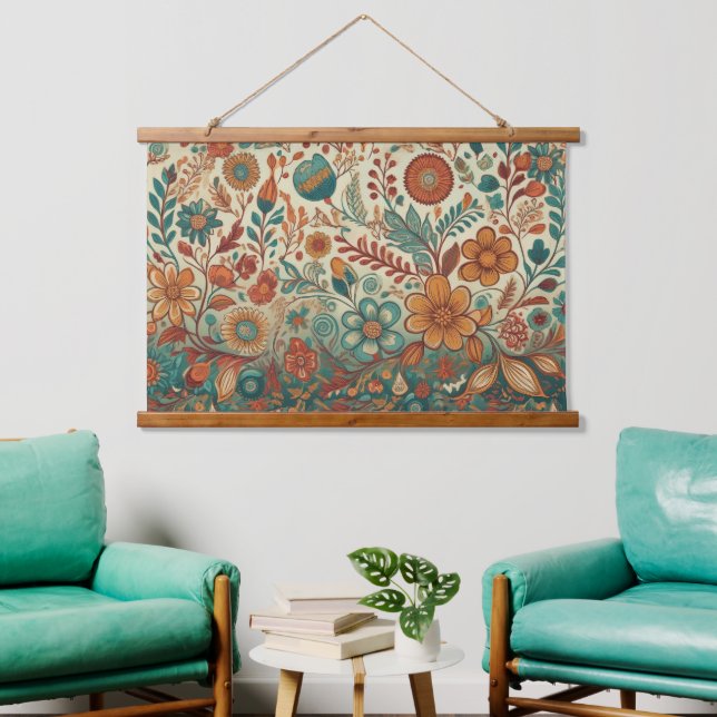 Golden Folk Art Tapestry Wand hängt Wandteppich Mit Holzrahmen (Wohnzimmer)