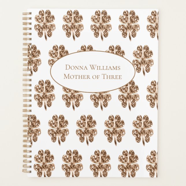 Golden Four Leaf Clovers Muster Gold und Weiß Planer (Vorderseite)