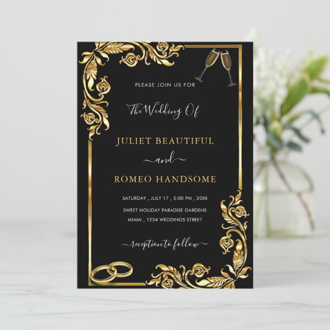 Golden Frame Black Wedding Einladung - Ihre Farbe (Stehend Vorderseite)