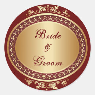 Golden Frame Bridge & Groom Round Sticker