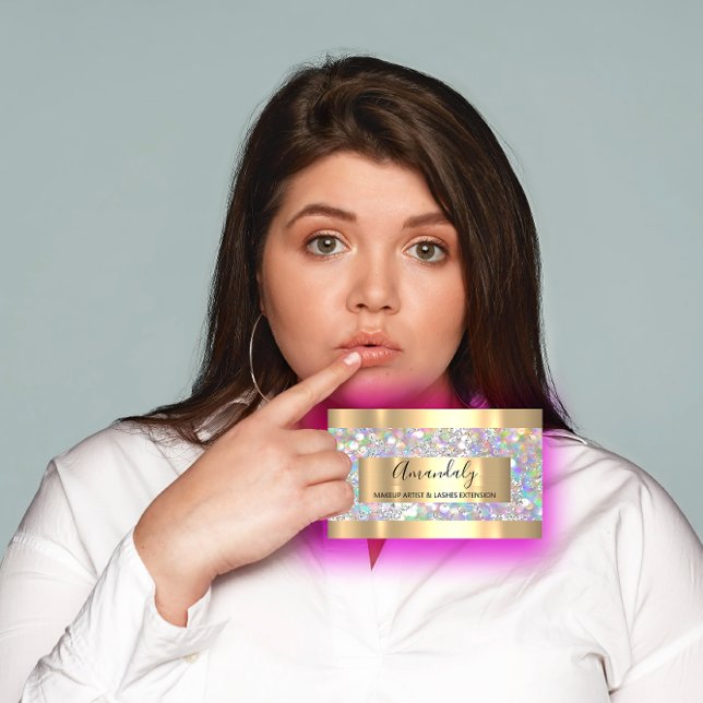 Golden Frame Event MakeupBeauty Shop Holographic Visitenkarte (Silver Strokes Marble Beauty Shop Holographic Business Card )