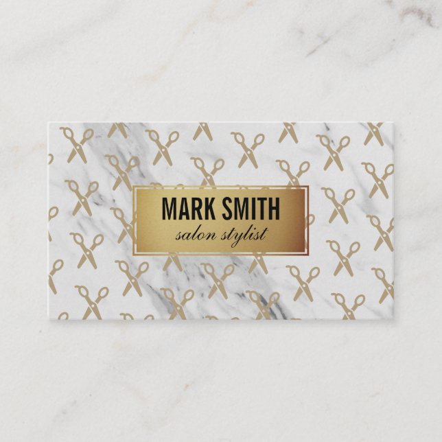 Golden Frame Marmor Stylist Shears Visitenkarte (Vorderseite)