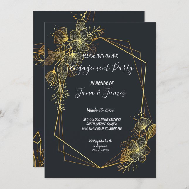 Golden Frame Navy-Back-Verlobung Einladung (Vorne/Hinten)