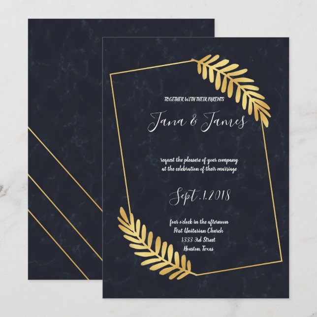 Golden Frame Navy Rückenhochzeit Einladung (Vorne/Hinten)