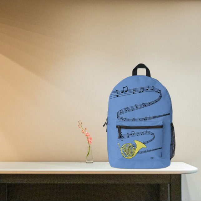Golden French Horn Zeichne Swirled Music Staff Bedruckter Rucksack (Von Creator hochgeladen)