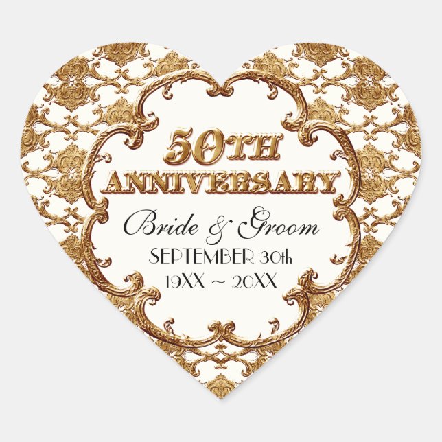 Golden French Swirl Gefallen Geschenk 50 Jahre Herz-Aufkleber (Vorderseite)