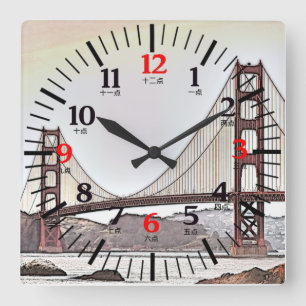 Golden Gate Bridge - English and Chinese Numerals Quadratische Wanduhr