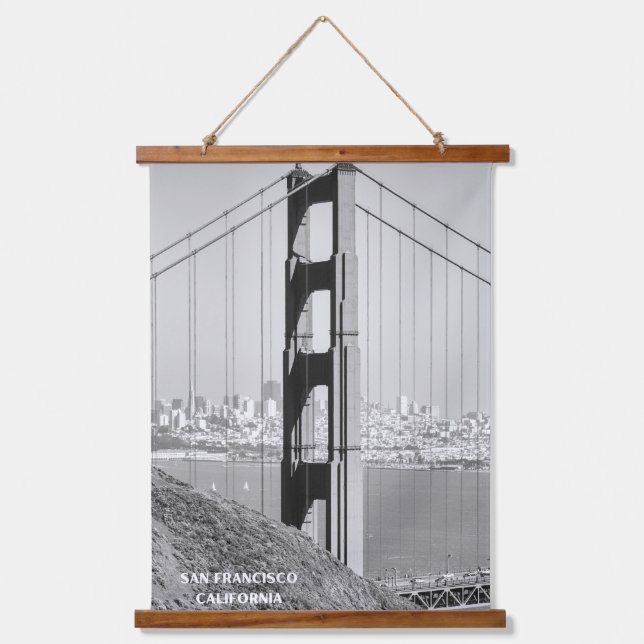 Golden Gate Bridge in Monochrome Wandteppich Mit Holzrahmen (Vorderseite)