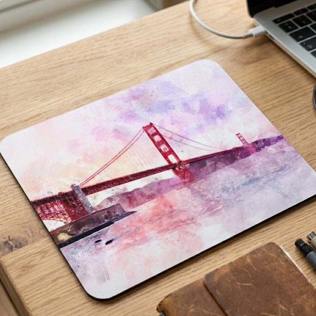 Golden Gate Bridge Wasserfarbe in San Francisco Mousepad (Golden Gate Bridge Watercolor at Sunset. Mouse Pad)
