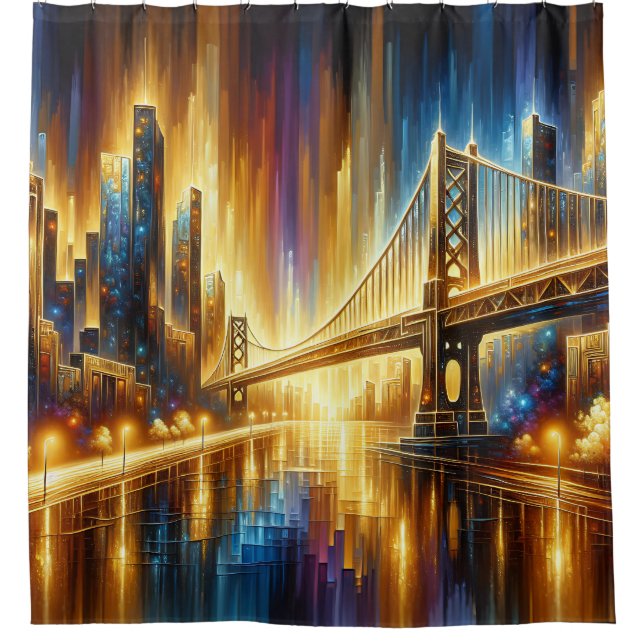 "Golden Gate Reflections: Night Cityscape" Duschvorhang (Vorderseite)