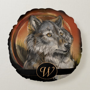 Golden Gaze Monogram Wolf Rundes Kissen