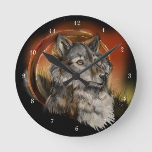Golden Gaze Wolf Runde Wanduhr