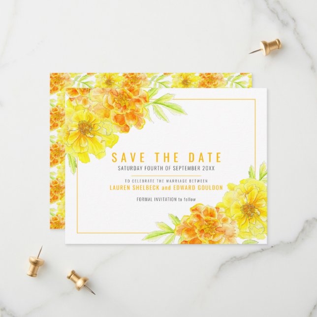 Golden gelben Marigold Blütenfarben Hochzeit Save The Date (Vorderseite/Rückseite Beispiel)