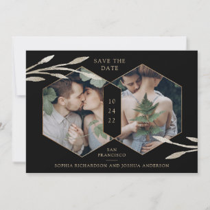 Golden Geometric   Botanisches Zwei-Foto-Schwarz Save The Date