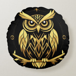 Golden Geometric Owl Illustration Rundes Kissen