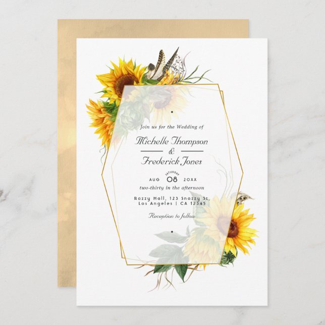 Golden Geometric Sunflowers QR Code UAWG Wedding Einladung (Vorne/Hinten)