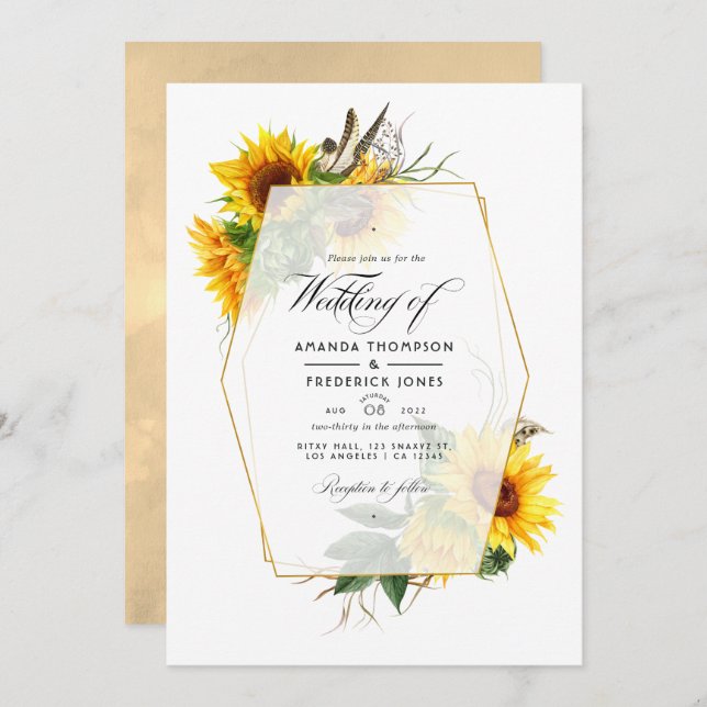 Golden Geometric Sunflowers Wedding Foto Einladung (Vorne/Hinten)