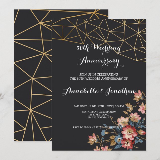 Golden Geometric Wedding Einladung (Vorne/Hinten)