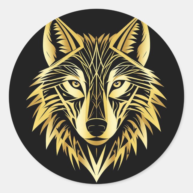 Golden Geometric Wolf Illustration Runder Aufkleber (Vorderseite)