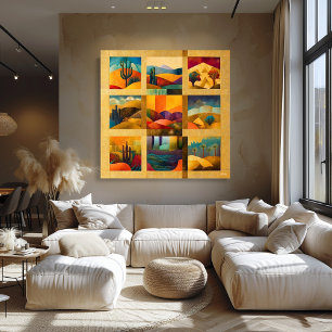 Golden Gerahmt Desert Art Grid - Farbenfrohe Geome Poster