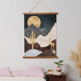 Golden Giraffe Wüste Landschaft & Marmorberg Wandteppich Mit Holzrahmen