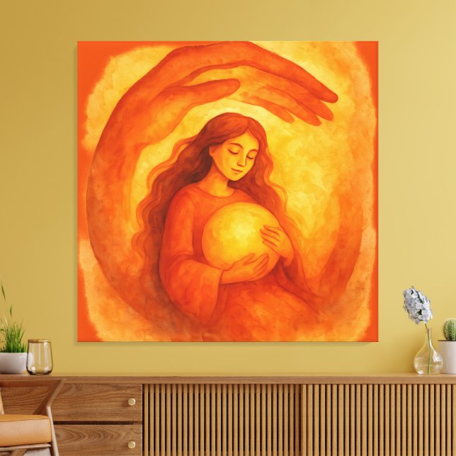 Golden Girl Holding Light Warm Protective Art Leinwanddruck (Insitu (Wohnzimmer))
