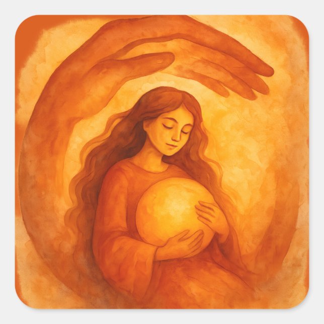 Golden Girl Holding Light Warm Protective Art Quadratischer Aufkleber (Vorderseite)