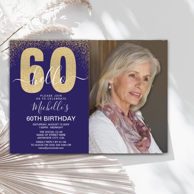 Golden Glitter "Hello 60" Photo Birthday Women Einladung (Von Creator hochgeladen)