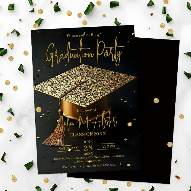 Golden Glitz Cap Graduation Party Einladung (Von Creator hochgeladen)