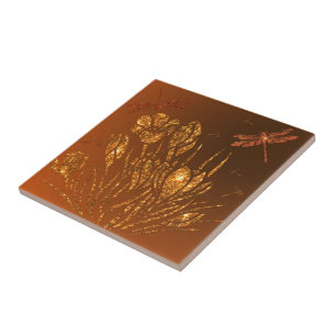 Golden Glitzer Blume & Dragonflies - Gold Luxus Fliese