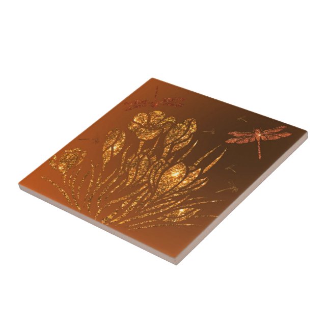 Golden Glitzer Blume & Dragonflies - Gold Luxus Fliese (Seite)