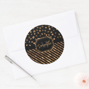 Golden Glitzer Dots and Stripes Runder Aufkleber