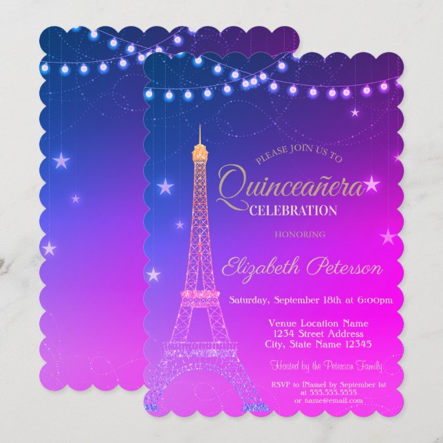 Golden Glitzer Eiffelturm, Burgund Quinceañera Einladung (Vorne/Hinten)