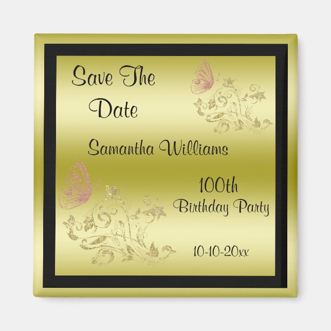 Golden Glitzer & Funkelnd Butterfly 100. Geburtsta Magnet (Vorne)