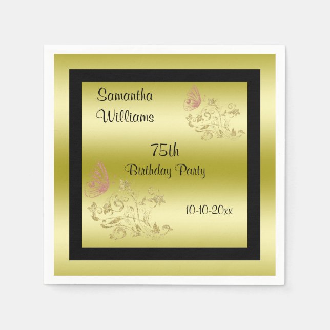 Golden Glitzer & Funkelnd Butterfly 75. Geburtstag Serviette (Vorderseite)