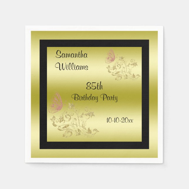 Golden Glitzer & Funkelnd Butterfly 85. Geburtstag Serviette (Vorderseite)
