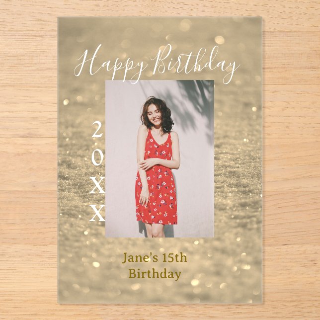 Golden Glitzer glücklich 15. Geburtstag Foto Jahr Acryleinladungen (Vorderseite)