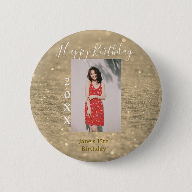 Golden Glitzer glücklich 15. Geburtstag Foto Jahr Button (Vorderseite)