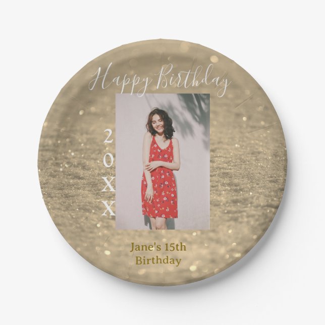 Golden Glitzer glücklich 15. Geburtstag Foto Jahr Pappteller (Vorderseite)