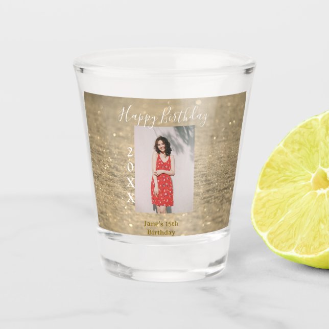 Golden Glitzer glücklich 15. Geburtstag Foto Jahr Schnapsglas (Vorderseite)