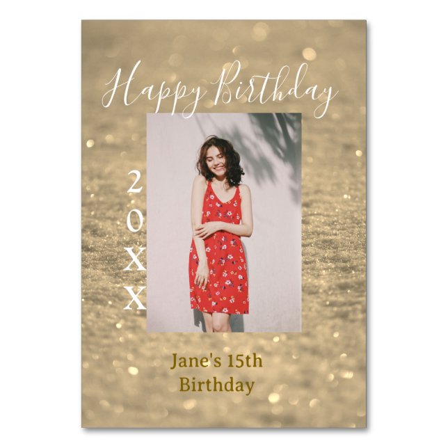 Golden Glitzer glücklich 15. Geburtstag Foto Jahr Tischnummer (Vorderseite)