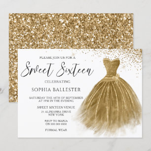 Golden Glitzer Gold Gown Dress Sweet 16 Einladung