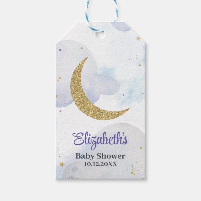 Golden Glitzer Moon Babydusche Geschenkanhänger (Vorderseite)