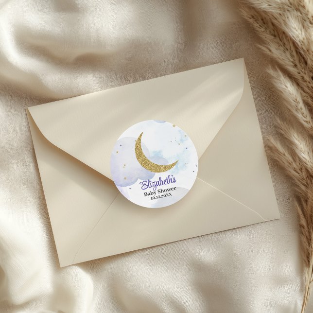 Golden Glitzer Moon Babydusche Runder Aufkleber (Golden Glitter Moon Baby Shower Classic Round Sticker on an elegant envelope)