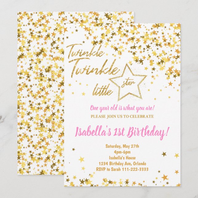Golden Glitzer Twinkle Little Star Birthday Einlad Einladung (Vorne/Hinten)